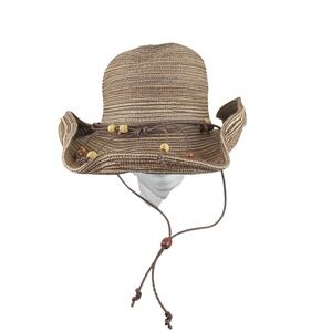 Sunday Afternoons Havana Hat Brown Tan Striped Sun Hat Beaded Chin Strap Medium